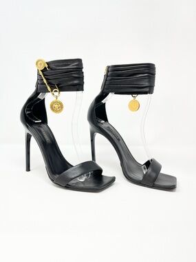 Versace Crystal La Medusa Safety Pin Sandals High Heels Shoes Black Gold 37 7